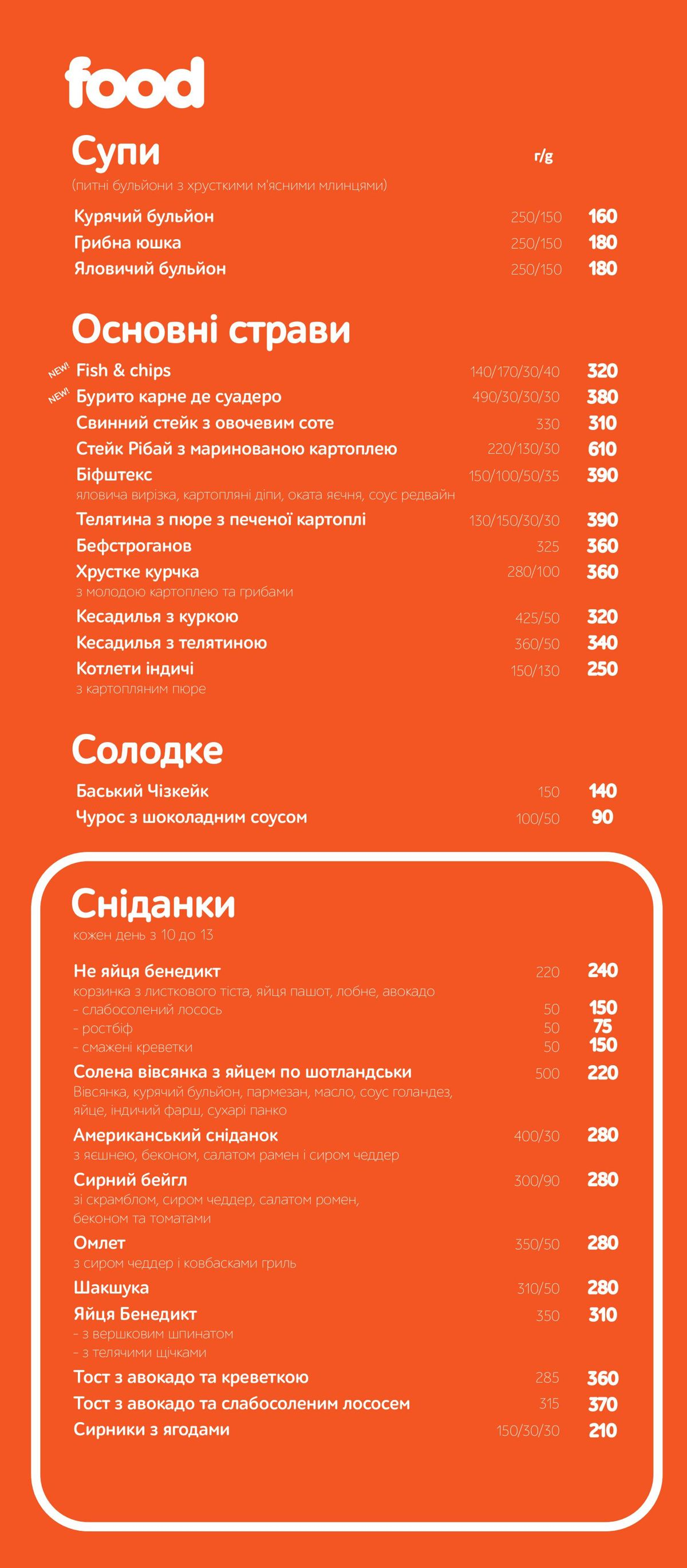 
Меню закладу
